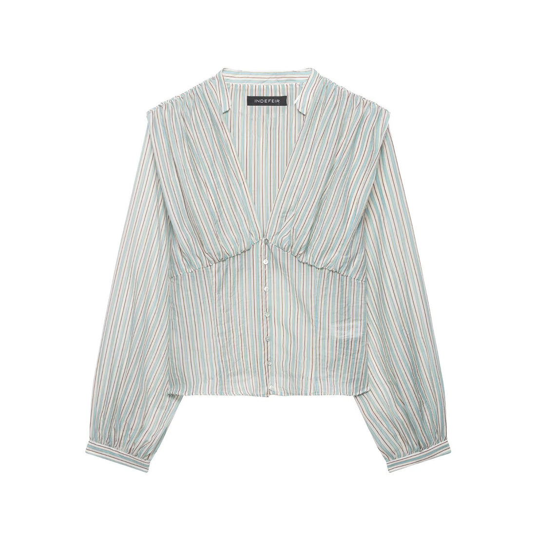 Damen Gestreifte Cropped-Bluse mit tiefem V-Ausschnitt und geraffter Unterbrustnaht Echo Archiv