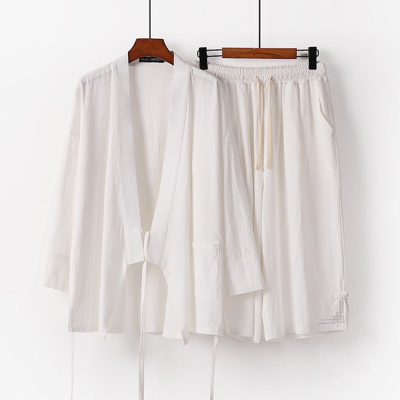 Damen Zen-Kimono-Lounge-Set aus atmungsaktivem Baumwollmix mit Bindebandjacke und weiten Culotte-Hose Echoarchiv