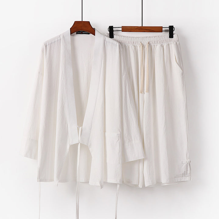 Damen Zen-Kimono-Lounge-Set aus atmungsaktivem Baumwollmix mit Bindebandjacke und weiten Culotte-Hose Echoarchiv