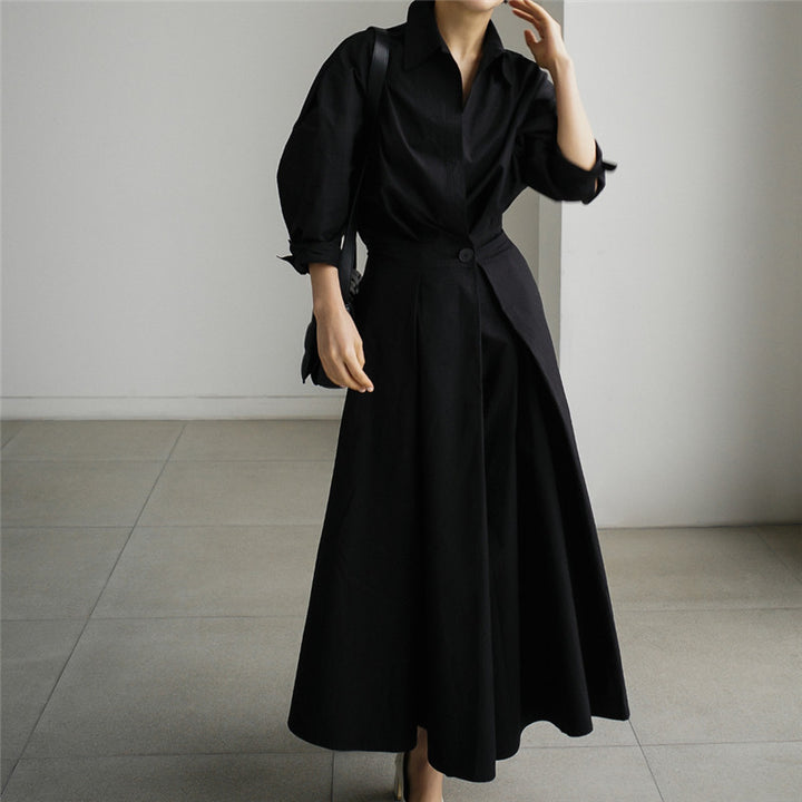 Damen Midaxi-Hemdblusenkleid mit tailliertem Drapé und weitem Tellerrock Echoarchiv