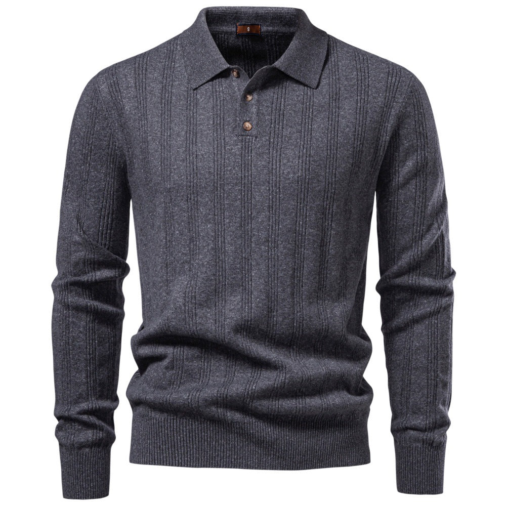 Herren Langarm-Feinstrick-Poloshirt mit Strukturstreifen und geripptem Saum Echoarchiv