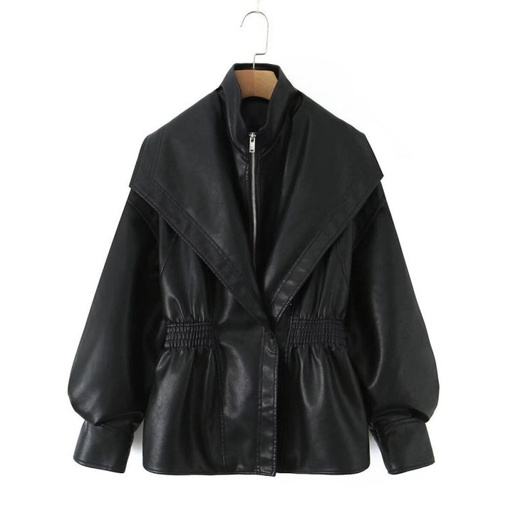 Damen Kunstlederjacke mit weitem Schalkragen und gerafftem Taillenbund Echo Archiv