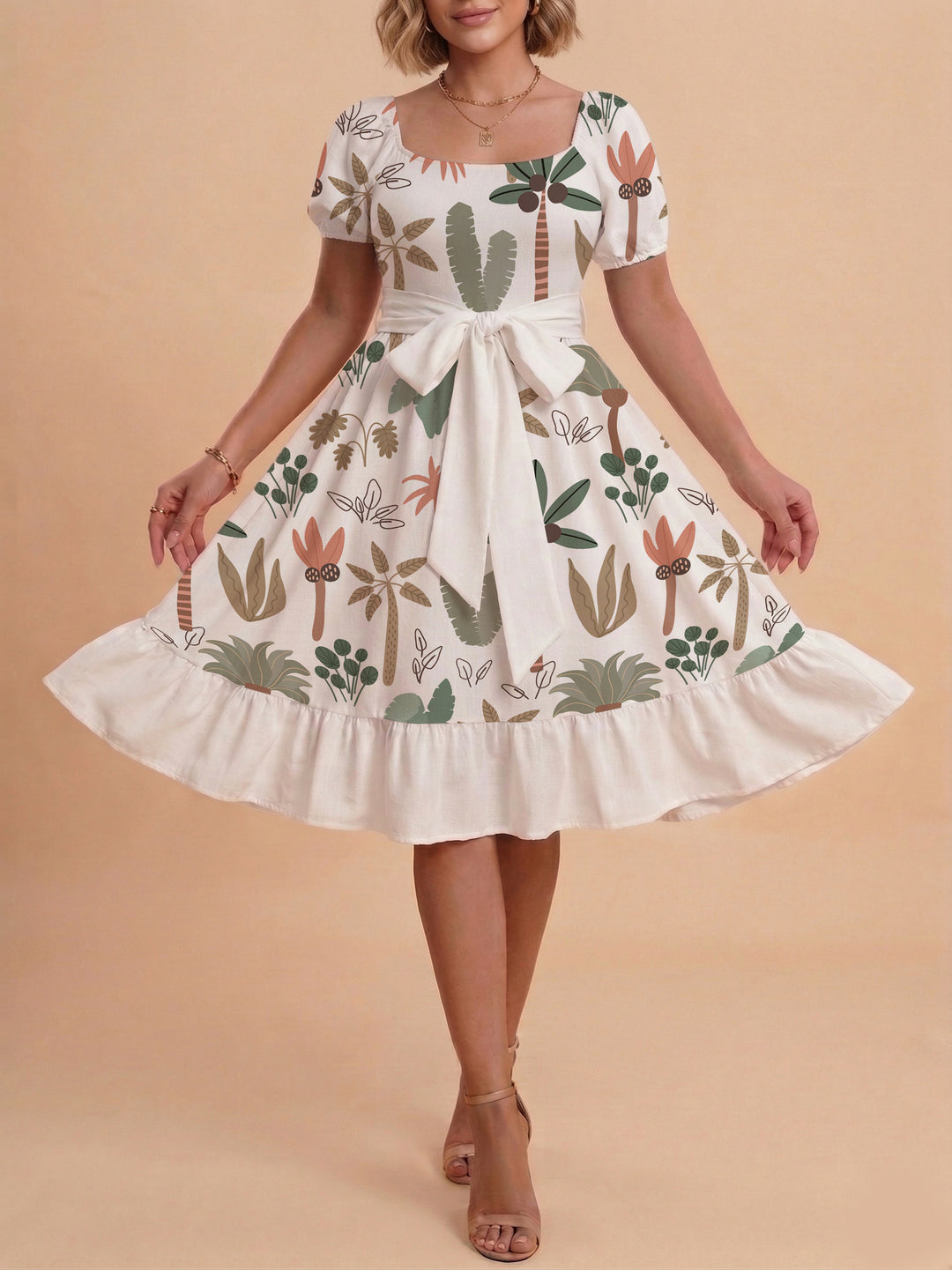 Damen Sommerliches Blumenkleid mit taillierbarem Gürtel und voluminösen Ärmeln Echo Archiv