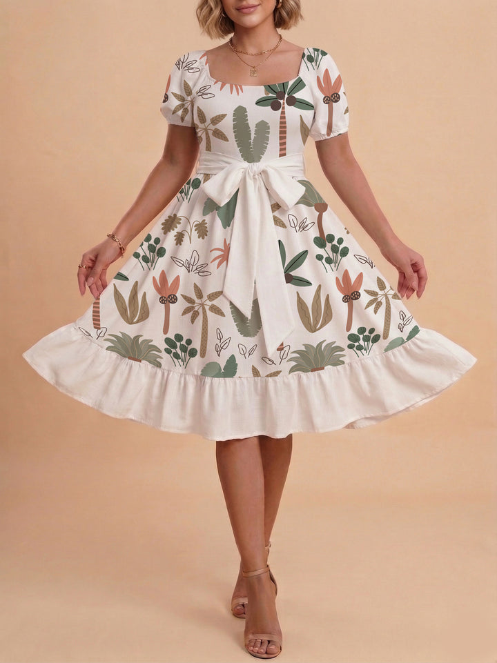 Damen Sommerliches Blumenkleid mit taillierbarem Gürtel und voluminösen Ärmeln Echo Archiv