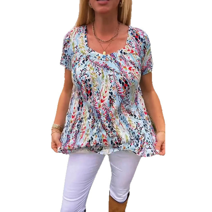 Damen nan leichtes florales Rundhals-Printshirt mit Brustfalten und legerer Hüftlänge Echo Archiv