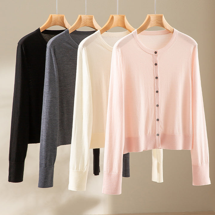 Damen Kurzgeschnittene Feinstrick-Cardigan mit Rundhalsausschnitt und tonaler Knopfleiste Echoarchiv