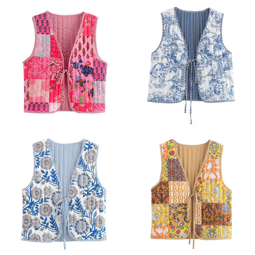 Damen Patchwork-Weste mit Bindeband und V-Ausschnitt Echo Archiv
