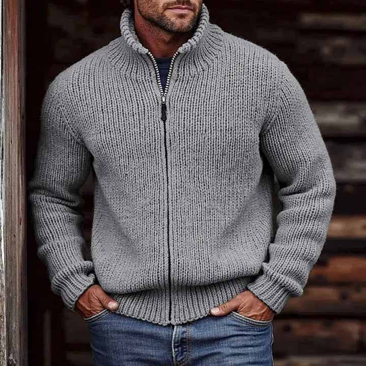Herren Grobstrick-Cardigan mit Stehkragen und durchgehendem Reißverschluss Echoarchiv