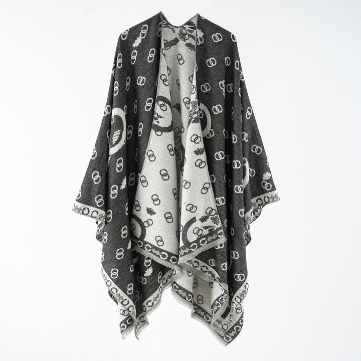 Damen Wendbarer Jacquard-Überwurf mit Fransen und großzügiger Wrap-Silhouette Echo Archiv