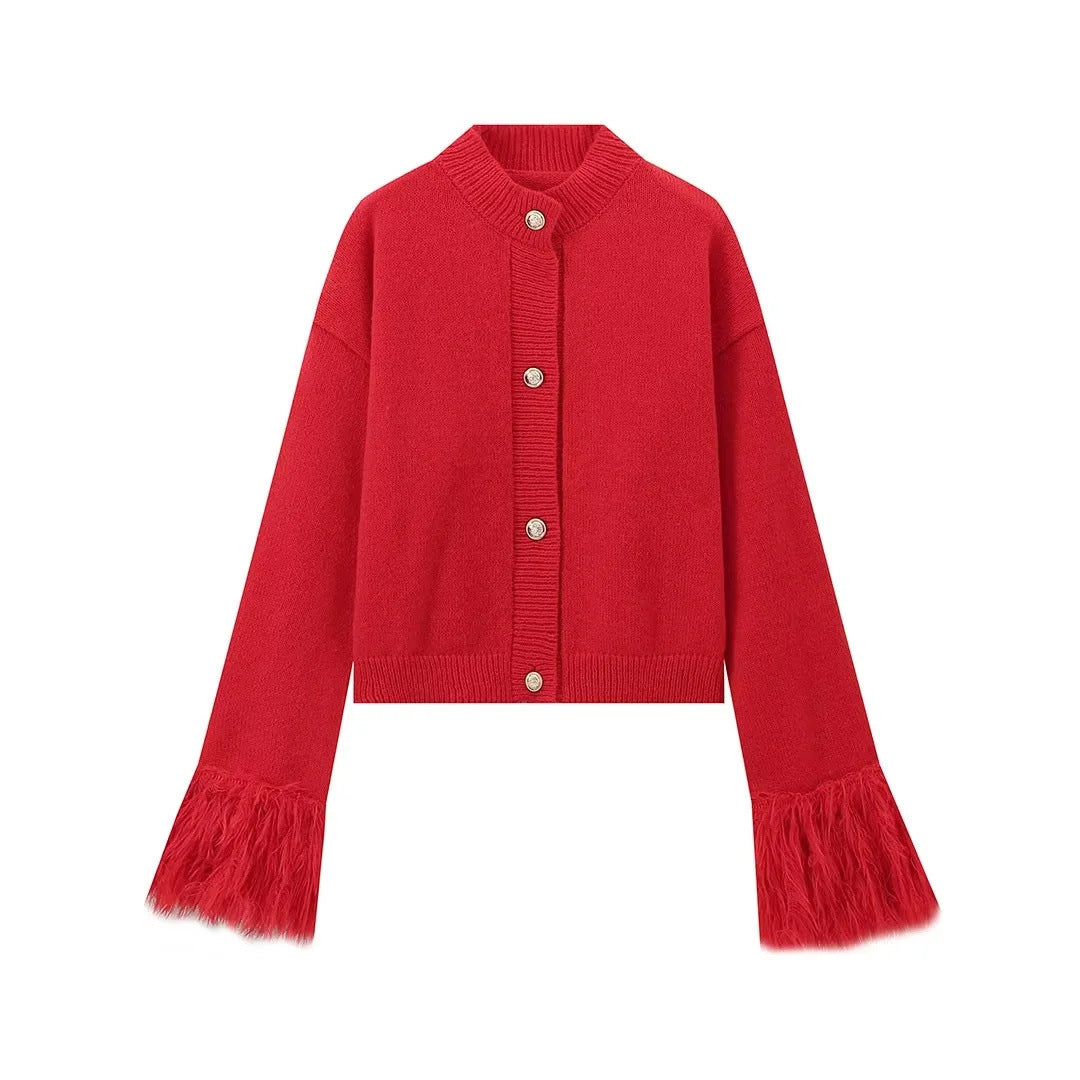 Damen 300+ Cropped Strickjacke mit Fransenärmeln und Perlenknopfleiste Echo Archiv