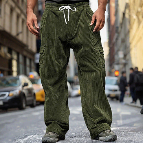 Herren Cord-Optik Cargo-Jogger mit Tunnelzug, elastischem Bund und aufgesetzten Klapptaschen – Bravaro