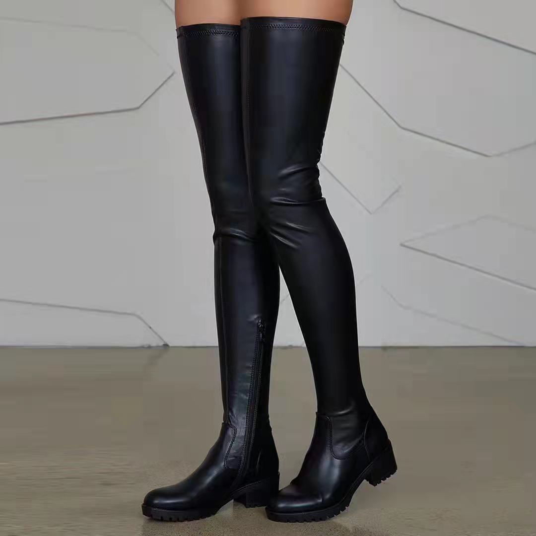 Damen Oberschenkelhohe Stretch-Lederimitat-Stiefel mit profiliertem Lug-Absatz Echo Archiv
