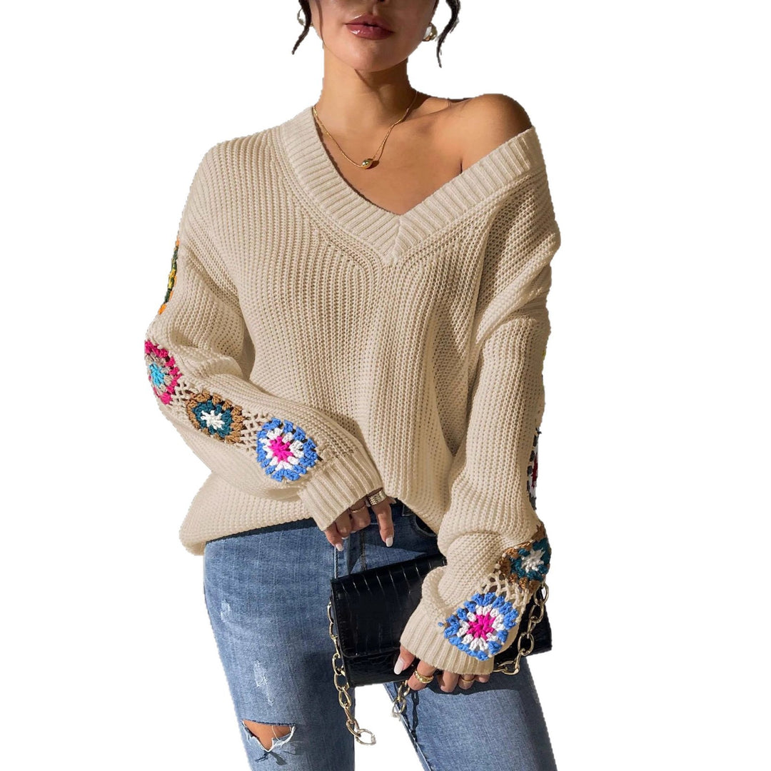 Damen Modischer Strickpullover mit V-Ausschnitt und bunten Stickereien