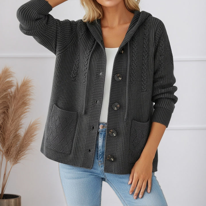 Damen nan gerippter Kapuzen-Strickcardigan mit Zopfmuster, großen Holzknöpfen und aufgesetzten Taschen Echo Archiv
