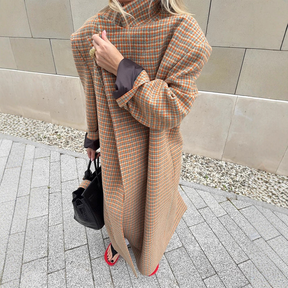 Damen Oversize Wollmantel mit Hahnentritt-Muster und Taillengürtel Echoarchiv