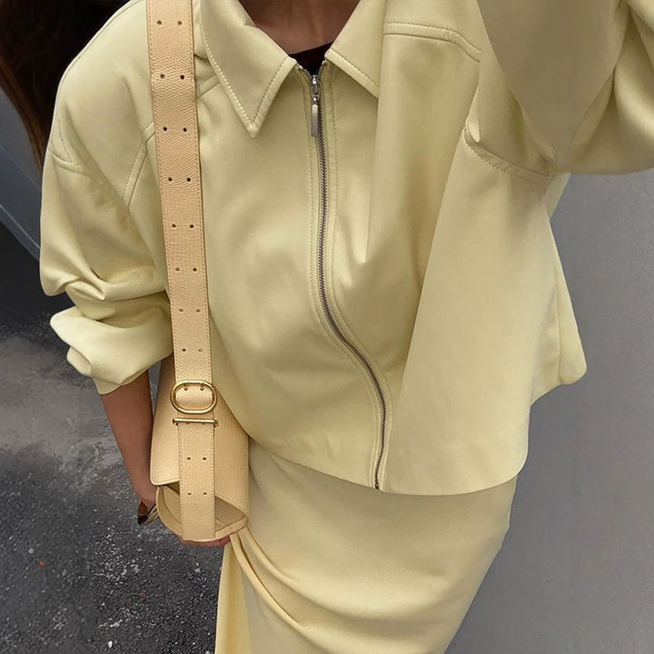 Damen Tailliertes Zip-Blouson-Set mit Hemdkragen und Midirock Echoarchiv