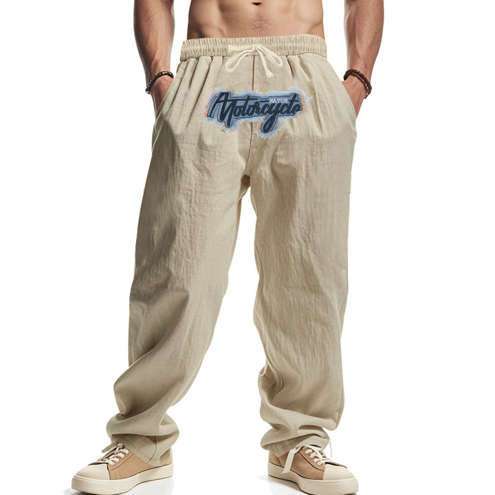 Herren Locker sitzende Leinenoptik-Relaxhose mit elastischem Bund, Kordelzug & Frontprint – Sorevano