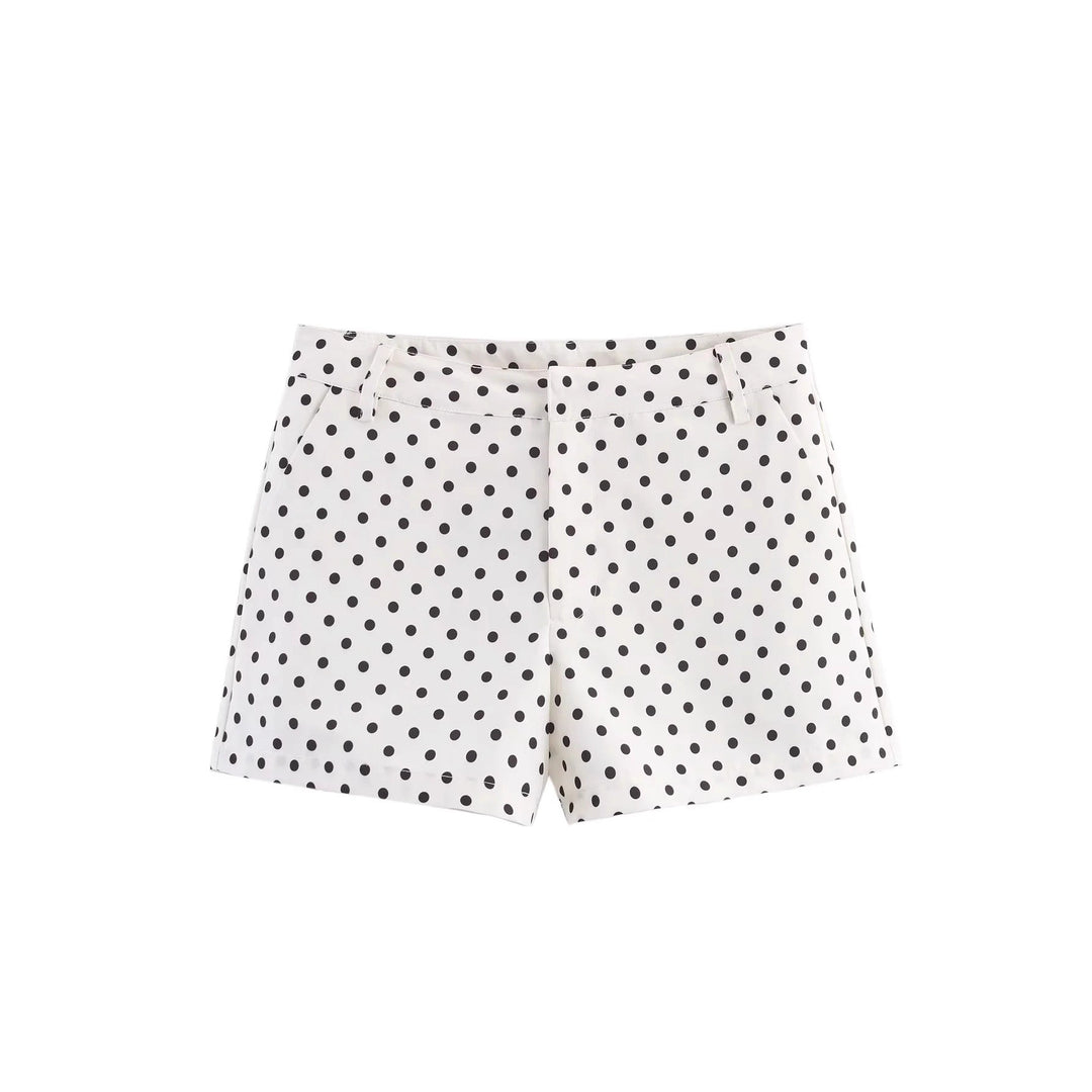 Damen nan kurz geschnittenes Zweiteiler-Set mit gepunkteter Cropped-Jacke, Stehkragen und Highwaist-Shorts Echo Archiv