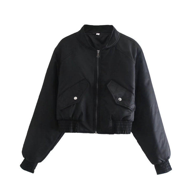 Damen cropped Bomberjacke mit Stehkragen, wattierter Innenlage und aufgesetzten Pattentaschen – Avenza