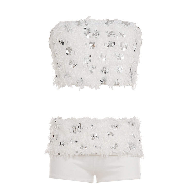 Damen schickes Oberteil und Shorts-Set mit funkelnden Pailletten und dekorativen Federn Echo Archiv