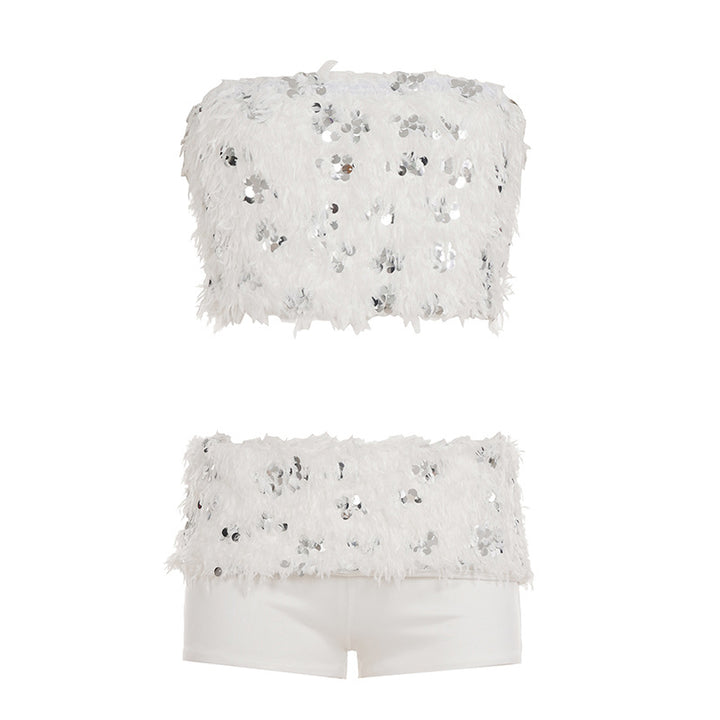 Damen schickes Oberteil und Shorts-Set mit funkelnden Pailletten und dekorativen Federn Echo Archiv