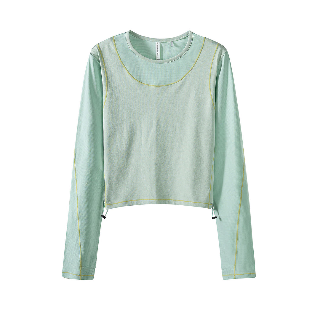 Damen Leichtes cropped Layering-Longsleeve mit Mesh-Ärmeln, Kontrastnähten und Kordelzug Echoarchiv