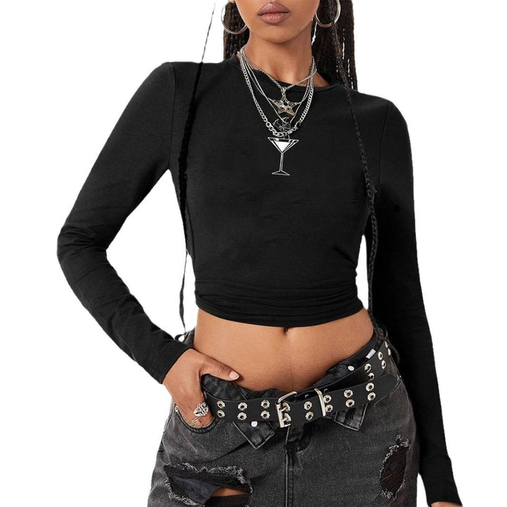 Damen figurbetontes langärmeliges Cropped-Shirt mit fotorealistischer Lippen-Collage und schmaler Passform – Avérine