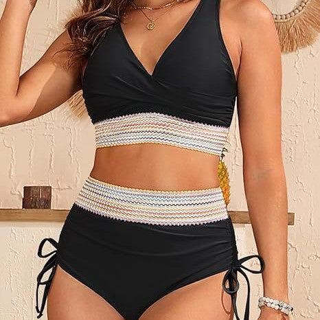 Damen Hochgeschnittener Bikini mit Eleganter Wickeloptik und Dekorativem Bund Echoarchiv