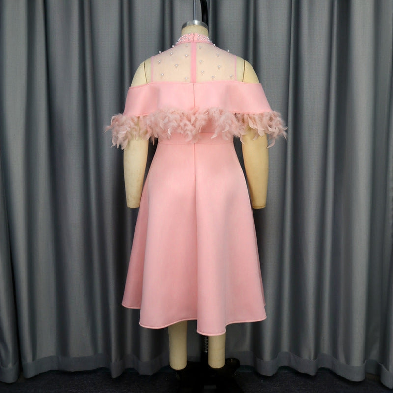 Damen elegantes Kleid mit transparenten Puffärmeln und dekorativen Federdetails Echo Archiv