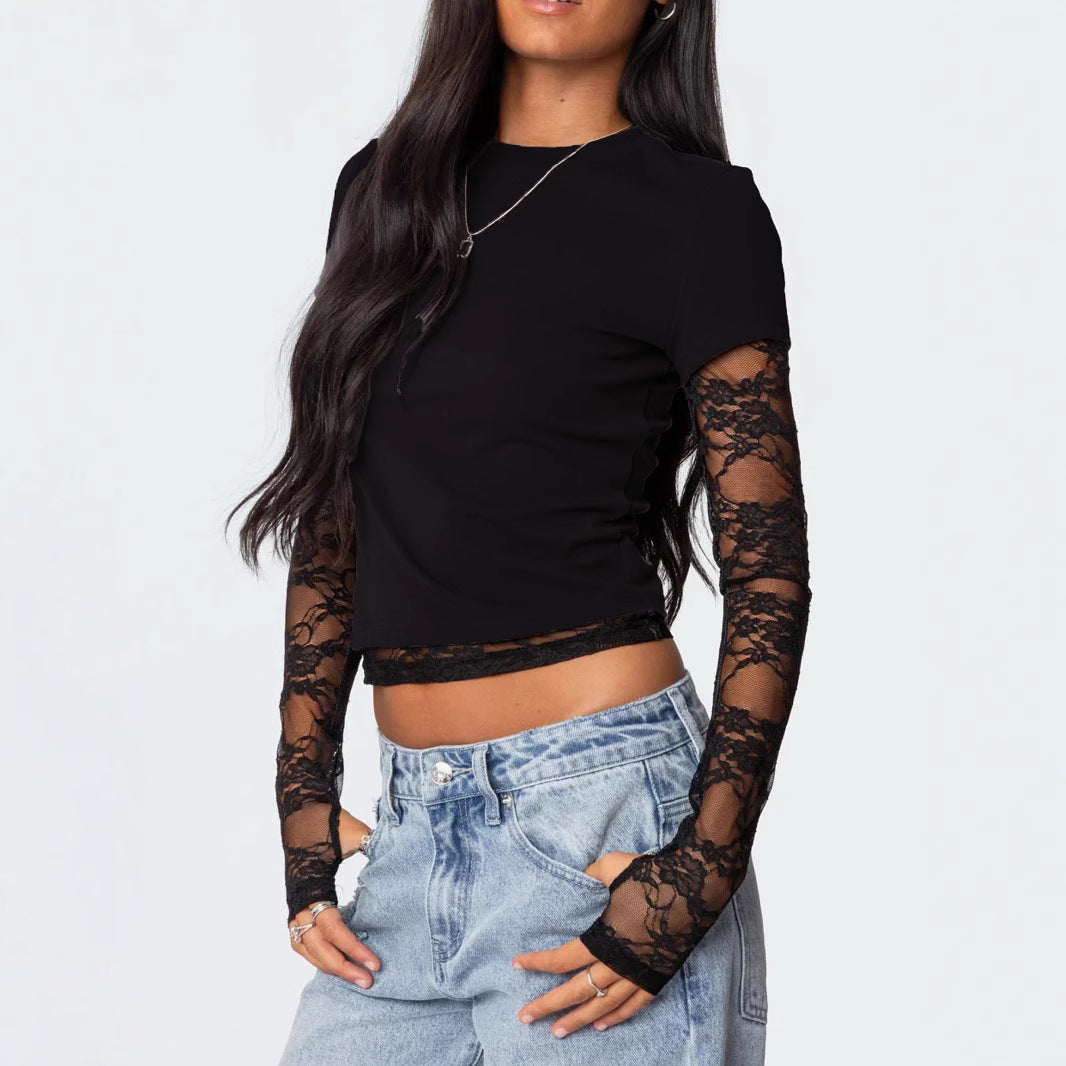 Damen Kurzgeschnittenes T‑Shirt mit transparenten Spitzenärmeln – Avérine