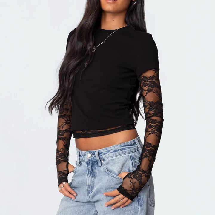 Damen Kurzgeschnittenes T‑Shirt mit transparenten Spitzenärmeln – Avérine