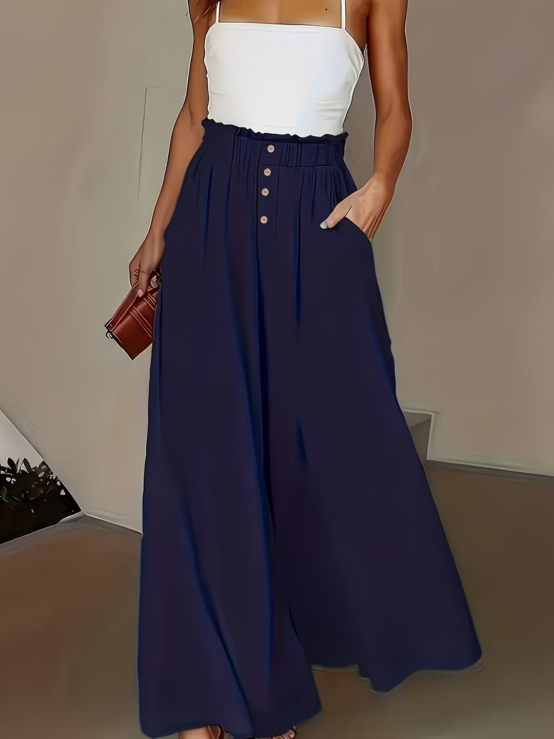 Damen weite Leinenhose mit hohem, gerafftem Bund und Knopfverzierung Echo Archiv