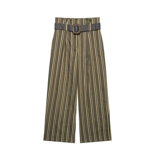 Damen Hochtaillierte weite Hose mit vertikalem Streifenmuster und Taillengürtel Echoarchiv