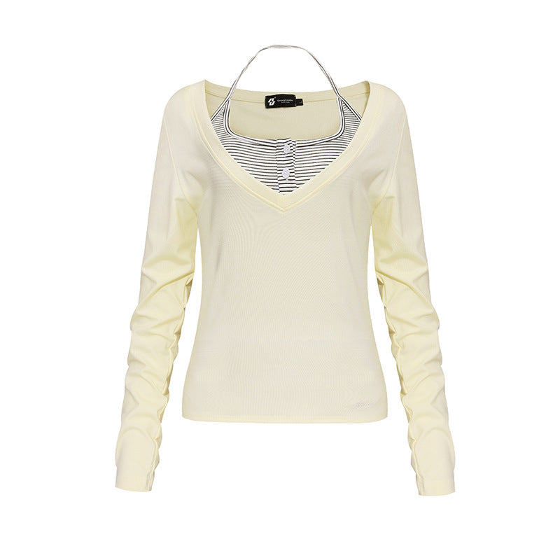 Damen Langarm-Shirt mit doppeltem Layer‑Effekt, tiefem V‑Ausschnitt und gestreiftem Einsatz Echoarchiv