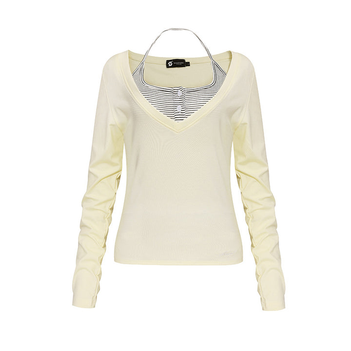Damen Langarm-Shirt mit doppeltem Layer‑Effekt, tiefem V‑Ausschnitt und gestreiftem Einsatz Echoarchiv