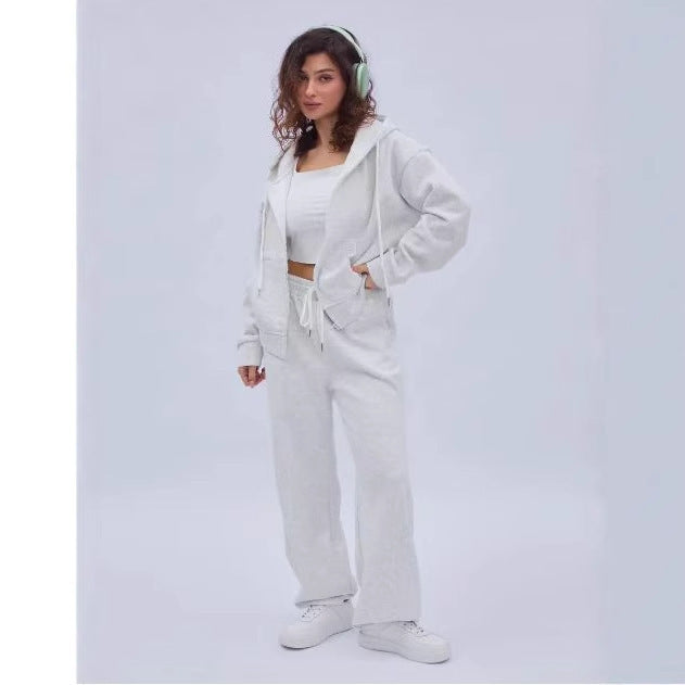 Damen zweiteiliges Cozy-Loungewear-Set mit Reißverschlusskapuze, taillenhoher Weitbein-Jogger und verdeckten Eingrifftaschen – Auréline