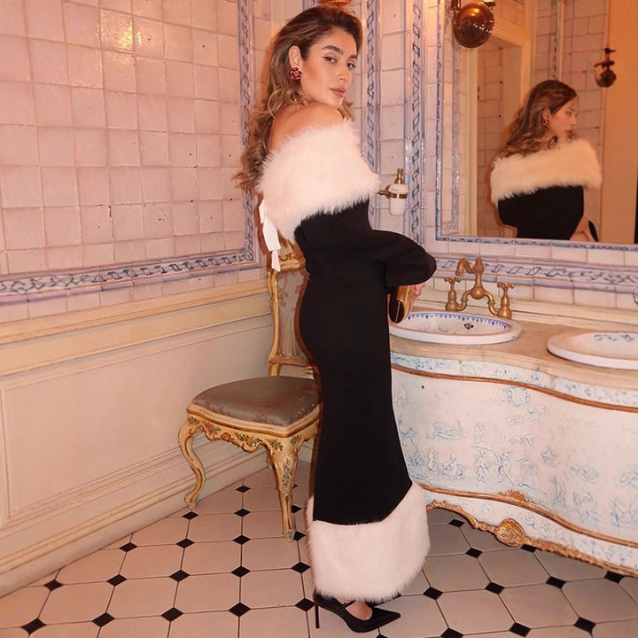 Damen figurbetontes Off-Shoulder-Midikleid mit Kunstpelzbesatz an Ausschnitt und Saum Echoarchiv