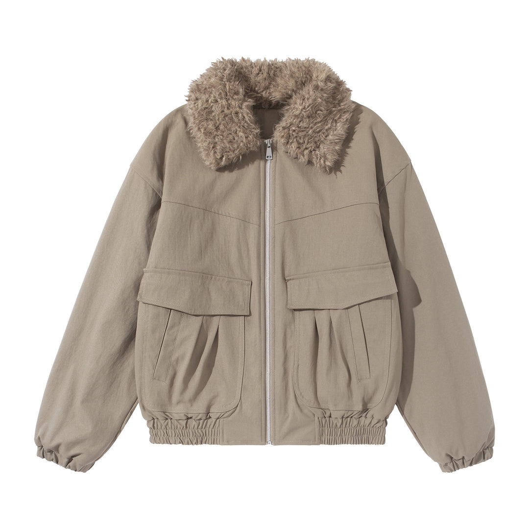 Damen Kurzblouson mit voluminösem Faux‑Fur‑Kragen, Känguru‑Taschen und elastischem Saum Echoarchiv