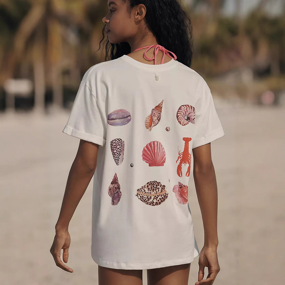 Damen lässiges T-Shirt mit maritimem Muschel-Print und lockerer Passform Echo Archiv