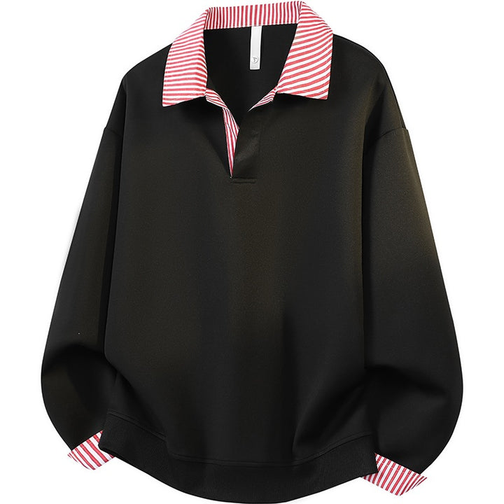 Damen Oversize-Polo-Sweatshirt mit Kontrastkragen & gestreiften Manschetten Echoarchiv