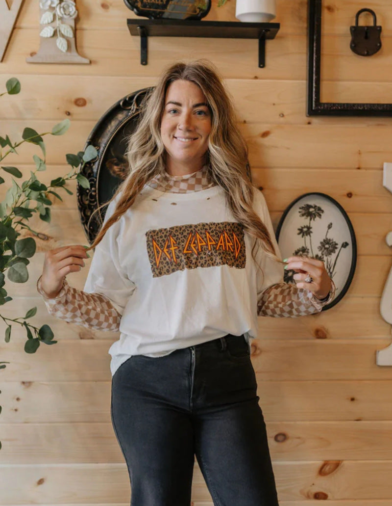 Damen nan lässiges Layer-T-Shirt mit Retro-Bandprint, Used-Optik und kariertem Mesh-Langarmtop Echo Archiv