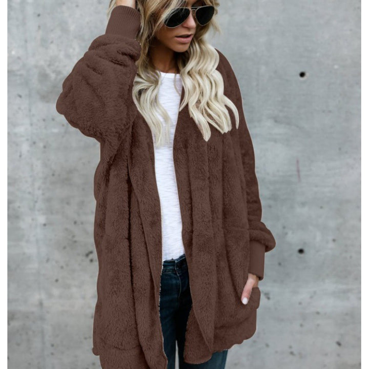 Damen Oversize Teddy‑Fleece‑Mantel mit offener Front, Eingrifftaschen und Rippbündchen – Montévia