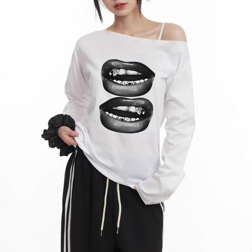 Damen asymmetrisches Off-Shoulder Langarmshirt mit doppeltem Lippenprint, relaxed Oversize-Schnitt und weichem Baumwollmix – Avérine