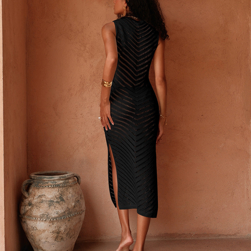 Damen Elegantes Strick-Maxikleid mit asymmetrischem Saum und seitlichem Schlitz Echo Archiv