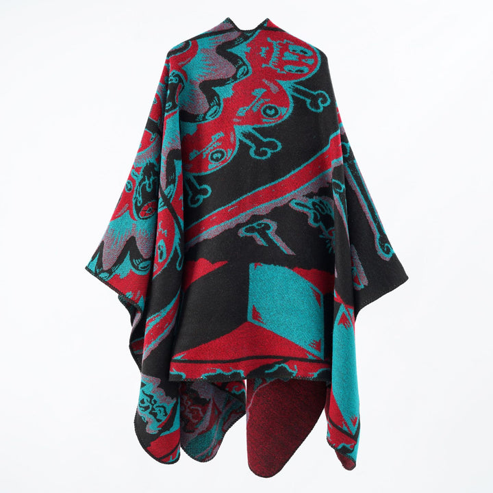 Damen Jacquard-Überwurfponcho mit musikalischem Ornament und Rollkante Echo Archiv