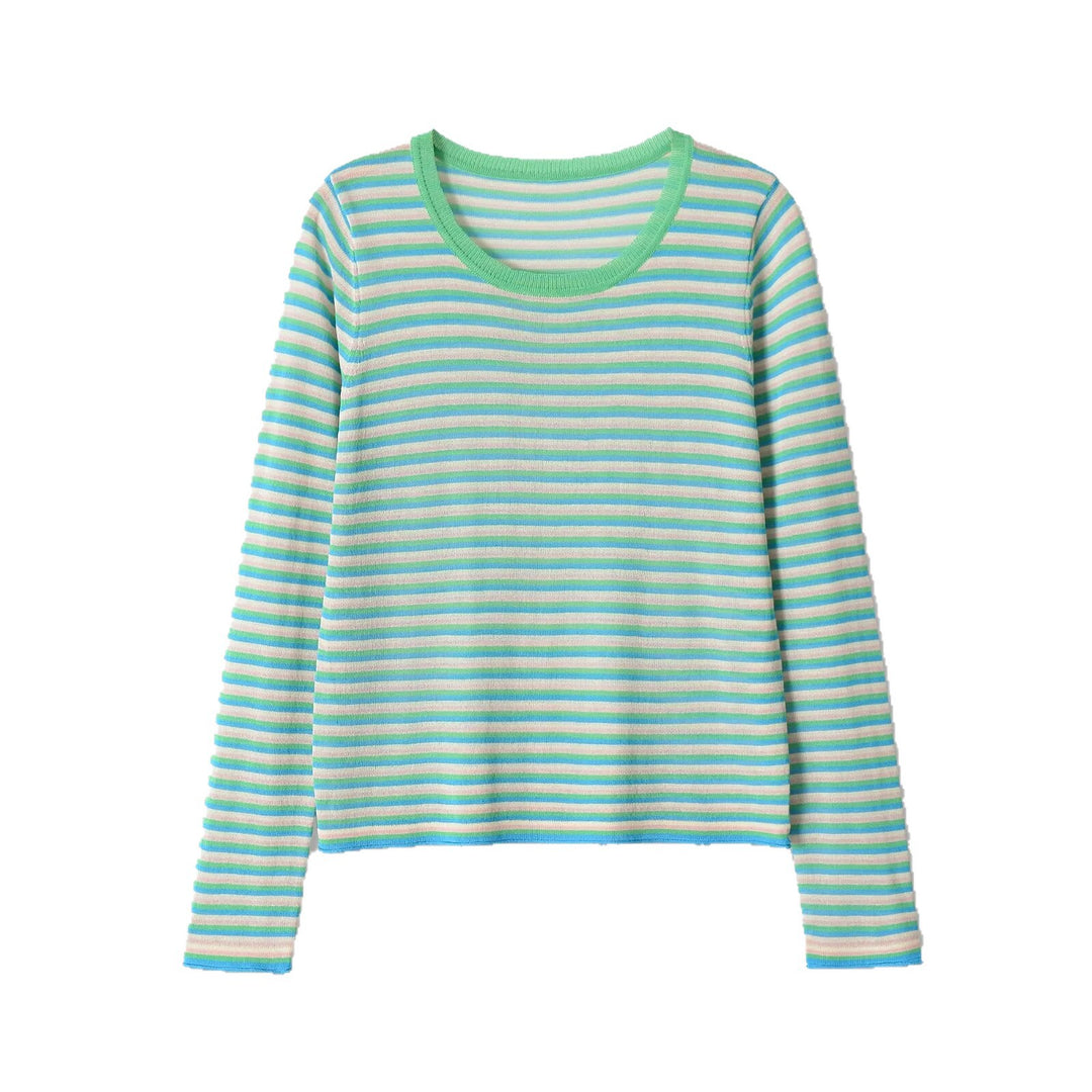 Damen Gestreiftes Feinstrick-Longsleeve mit Rundhalsausschnitt und Cropped-Boxy-Schnitt Echoarchiv
