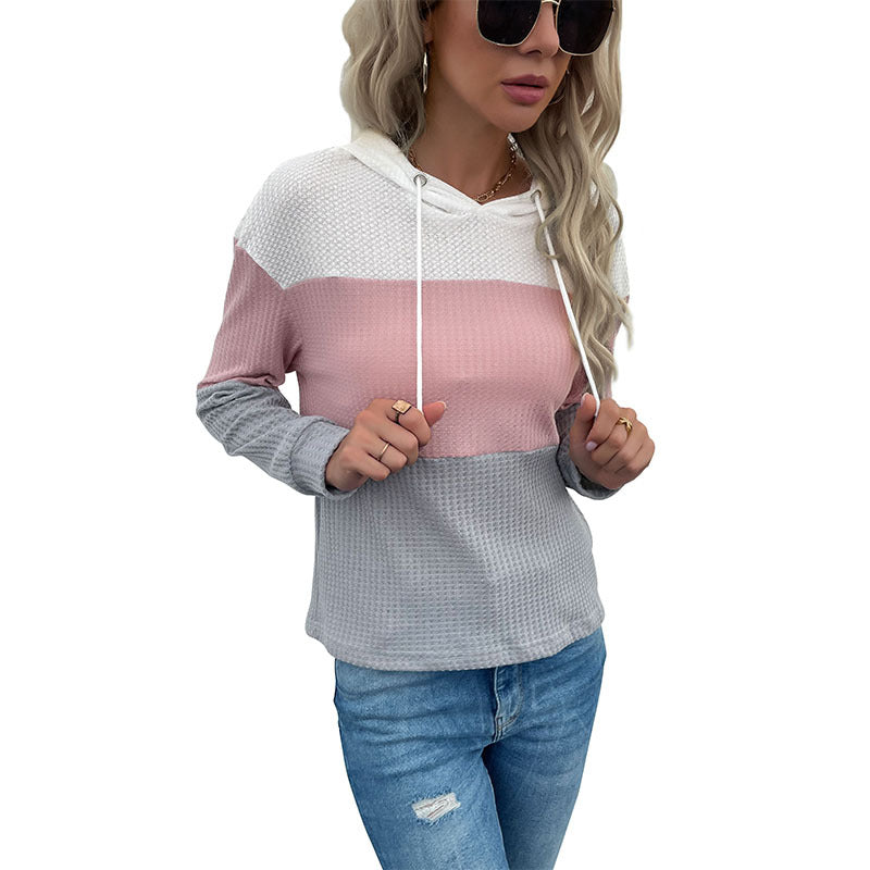 Damen Strukturierter Waffelstrick-Kapuzenpullover mit Colorblock, Tunnelzug und lässiger Passform Echoarchiv