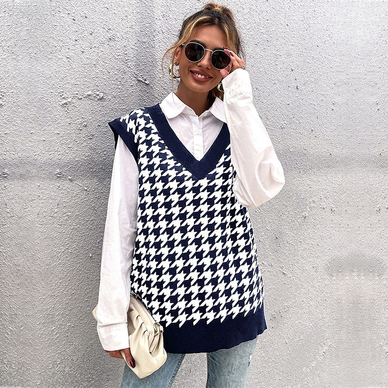Damen Oversize Strickweste mit Hahnentritt‑Muster und tiefem V‑Ausschnitt Echoarchiv