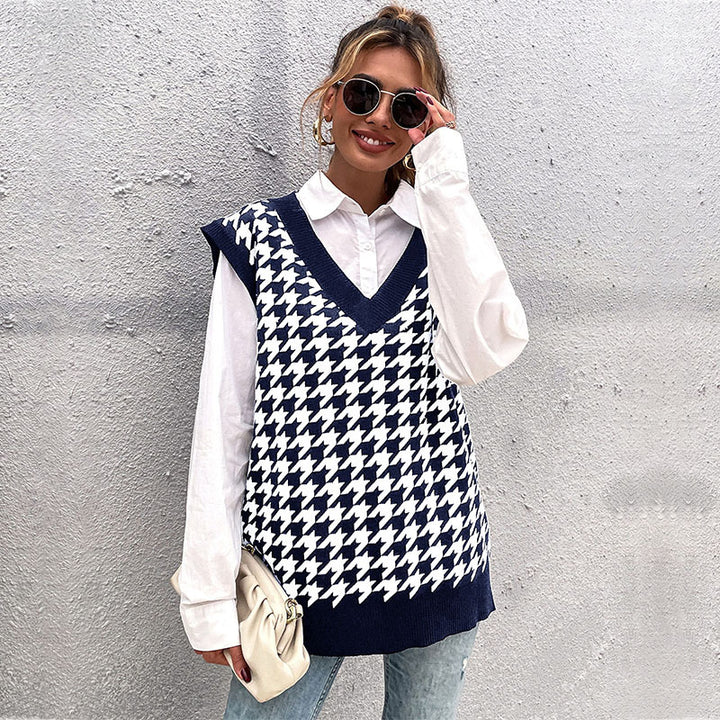 Damen Oversize Strickweste mit Hahnentritt‑Muster und tiefem V‑Ausschnitt Echoarchiv