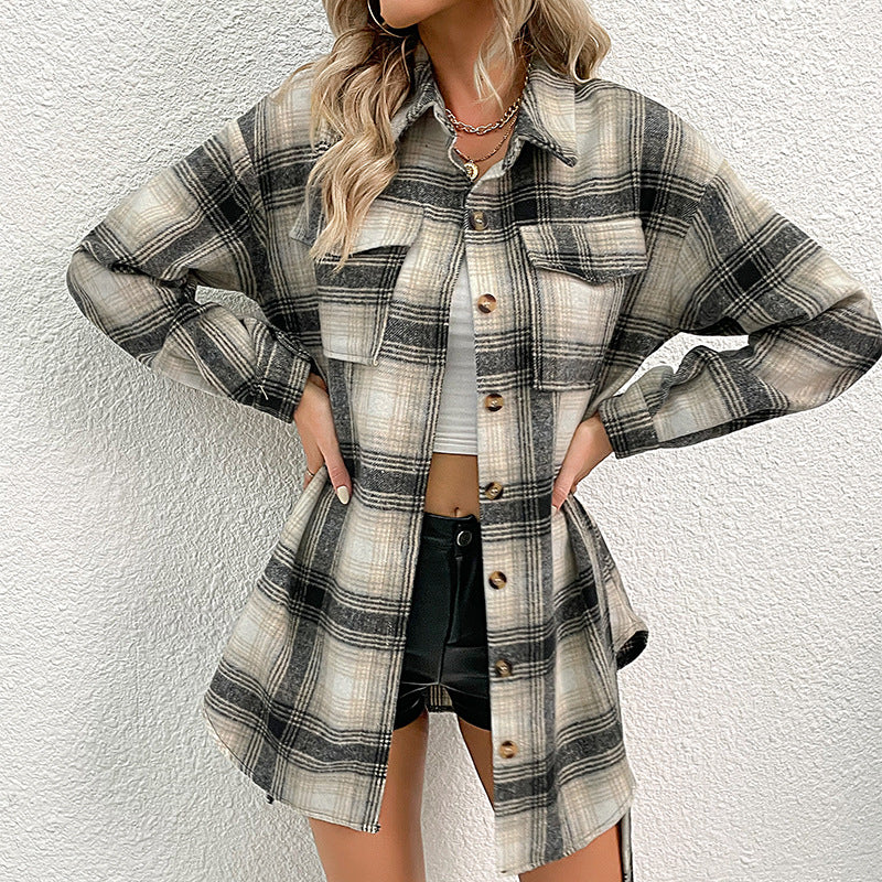 Damen Overshirt-Kleid mit Karomuster, Bindegürtel und aufgesetzten Brusttaschen Echoarchiv
